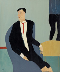figure sitting in blue chair with red tie.