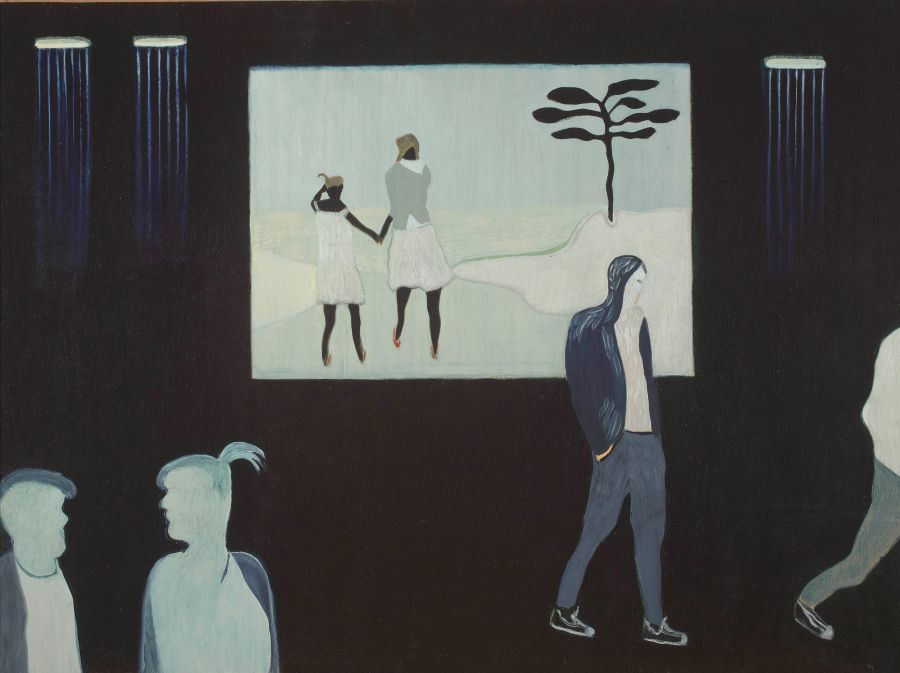 Painting, oil on wood panel of people walking and grouped in front of a screen with two girls hand in hand seen form behind, second in series.