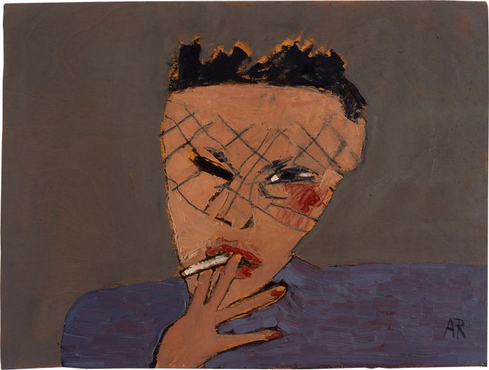 painting of woman with short hair smoking.